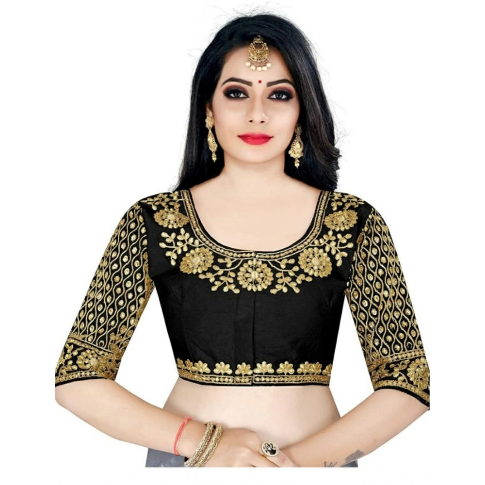 Women's Half Sleeve Ultra satin Readymade Blouse (Black, Free Size: Up To 34 Inch)