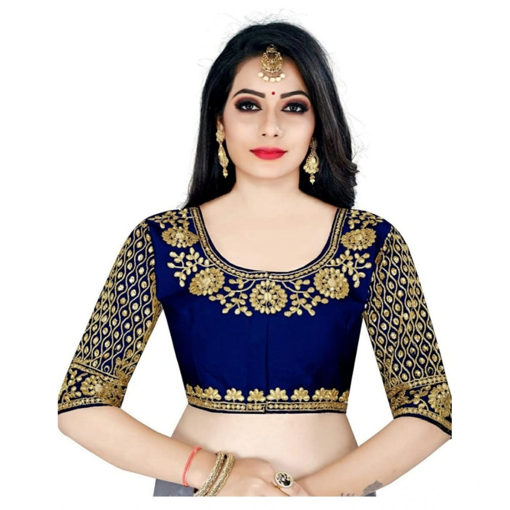 Women's Half Sleeve Ultra satin Readymade Blouse (Navy Blue, Free Size: Up To 34 Inch)