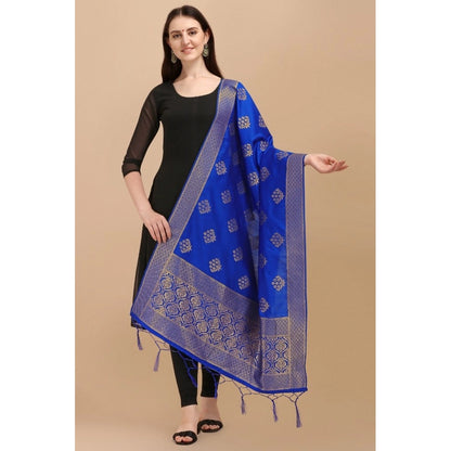 Generic Women's Silk Pure Zari weaving Duppatta (Royal Blue, Length: 2-2.3 Mtrs)