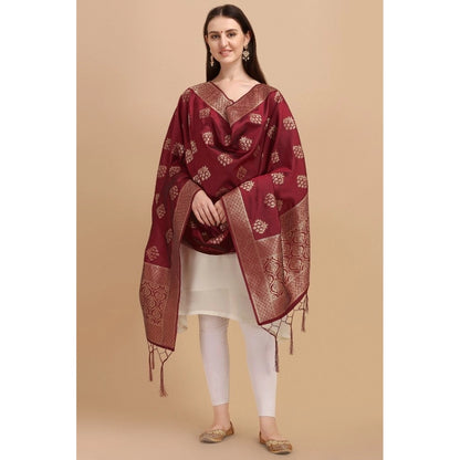 Generic Women's Silk Pure Zari weaving Duppatta (Maroon, Length: 2-2.3 Mtrs)