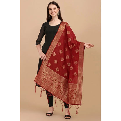 Generic Women's Silk Pure Zari weaving Duppatta (Maroon, Length: 2-2.3 Mtrs)