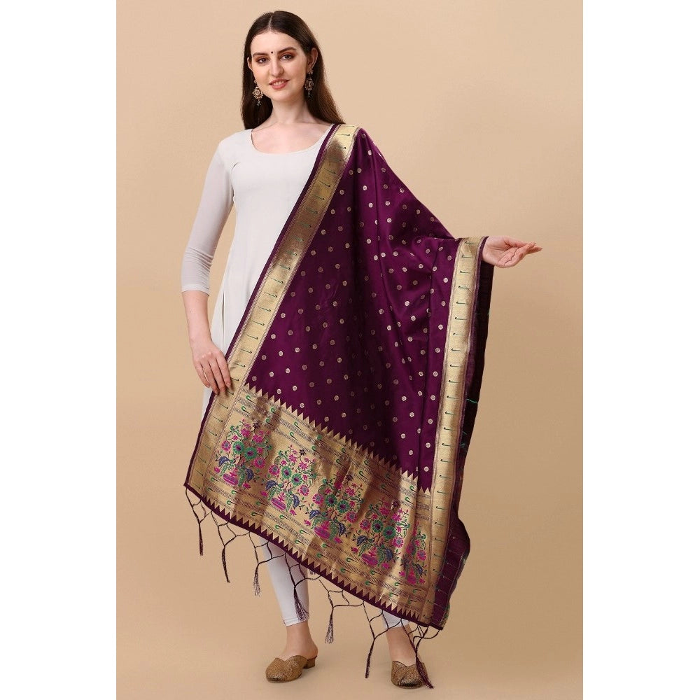 Generic Women's Silk Pure Zari weaving Duppatta (Purple, Length: 2-2.3 Mtrs)