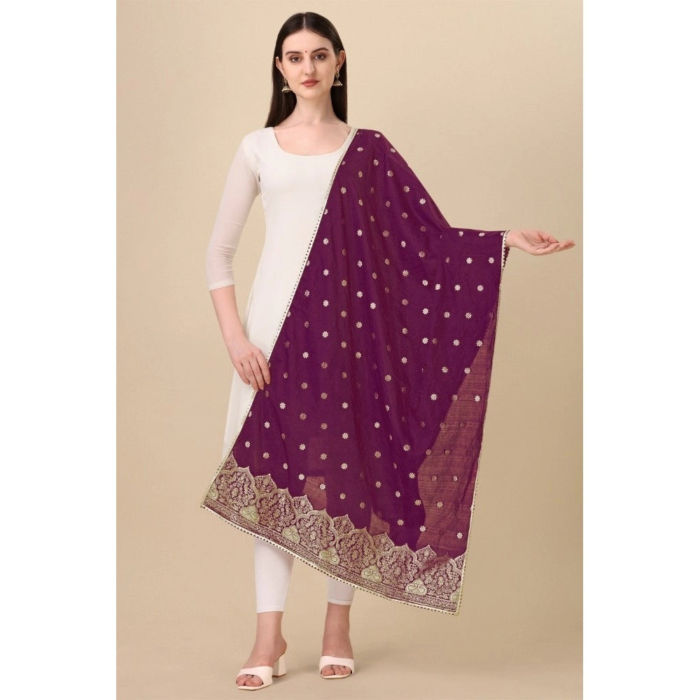 Generic Women's Silk Pure Zari weaving Duppatta (Purple, Length: 2-2.3 Mtrs)