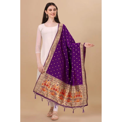 Generic Women's Silk Pure Zari weaving Duppatta (Purple, Length: 2-2.3 Mtrs)