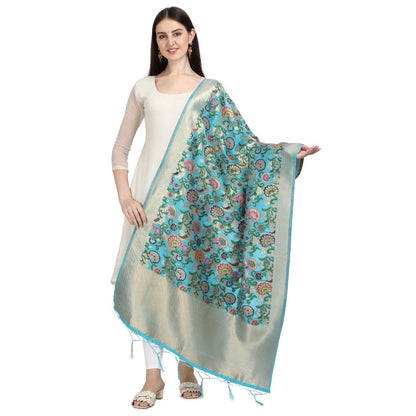 Generic Women's Silk Pure Zari weaving Duppatta (Light Blue, Length: 2-2.3 Mtrs)