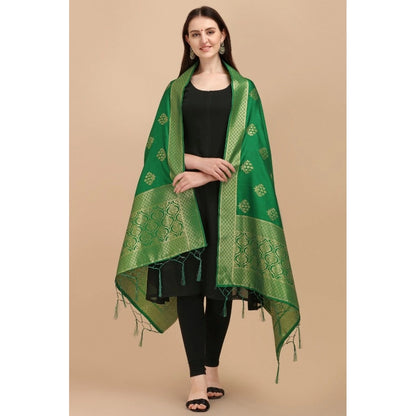 Generic Women's Silk Pure Zari weaving Duppatta (Green, Length: 2-2.3 Mtrs)