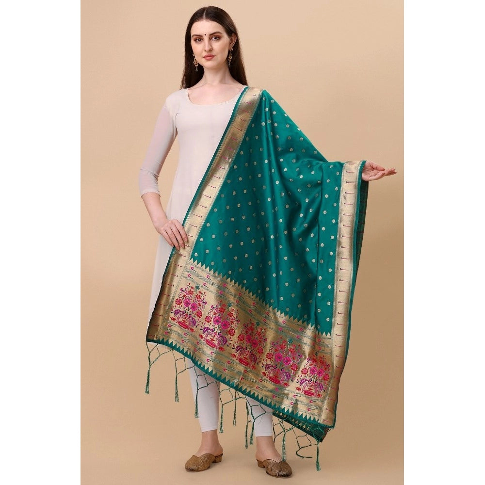 Generic Women's Silk Pure Zari weaving Duppatta (Rama, Length: 2-2.3 Mtrs)