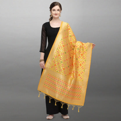 Generic Women's Silk Pure Zari weaving Duppatta (Mustard Yellow, Length: 2-2.3 Mtrs)