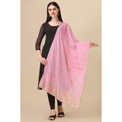 Generic Women's Silk Pure Zari weaving Duppatta (Light Pink, Length: 2-2.3 Mtrs)