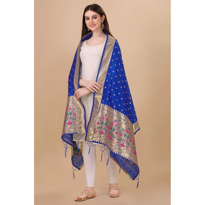 Generic Women's Silk Pure Zari weaving Duppatta (Blue, Length: 2-2.3 Mtrs)