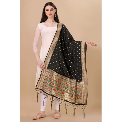 Generic Women's Silk Pure Zari weaving Duppatta (Black, Length: 2-2.3 Mtrs)