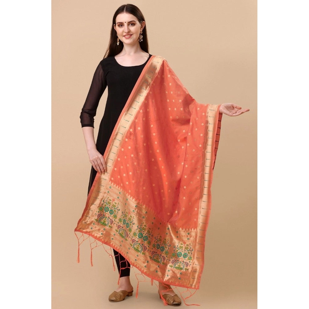 Generic Women's Silk Pure Zari weaving Duppatta (Orange, Length: 2-2.3 Mtrs)