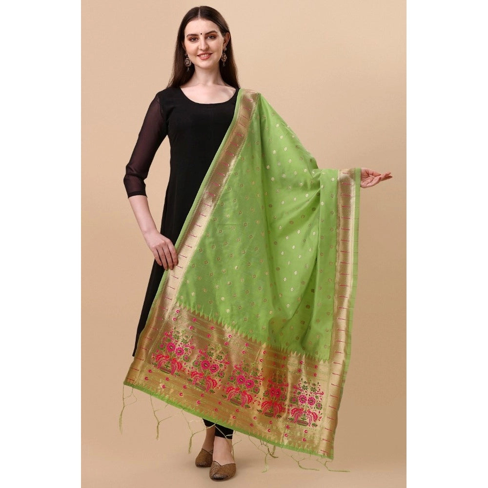 Generic Women's Silk Pure Zari weaving Duppatta (Light Green, Length: 2-2.3 Mtrs)