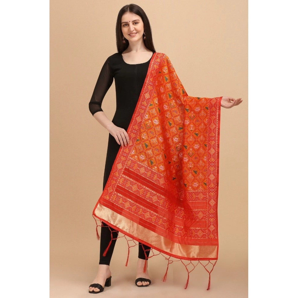 Generic Women's Silk Pure Zari weaving Duppatta (Orange, Length: 2-2.3 Mtrs)