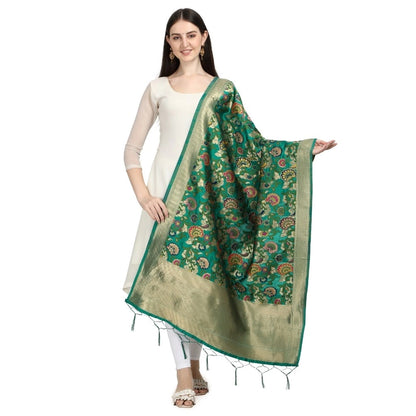 Generic Women's Silk Pure Zari weaving Duppatta (Green, Length: 2-2.3 Mtrs)