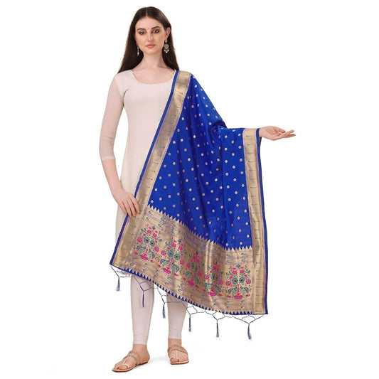 Generic Women's Silk Pure Zari weaving Duppatta (Blue, Length: 2-2.3 Mtrs)