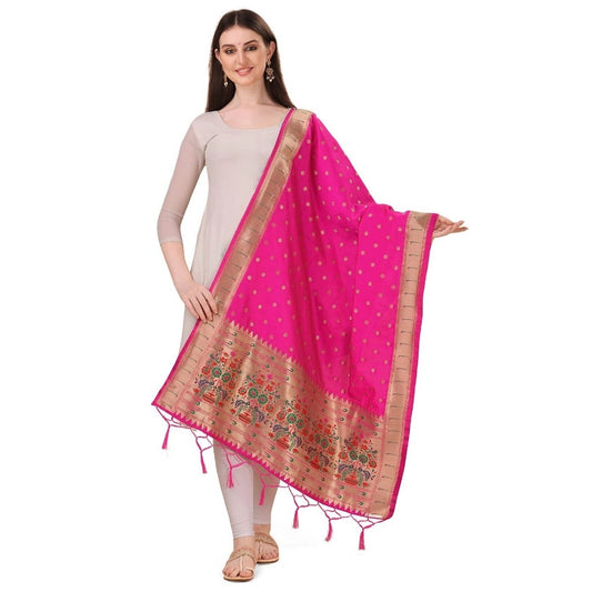 Generic Women's Silk Pure Zari weaving Duppatta (Pink, Length: 2-2.3 Mtrs)