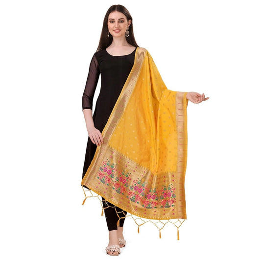 Generic Women's Silk Pure Zari weaving Duppatta (Yellow, Length: 2-2.3 Mtrs)