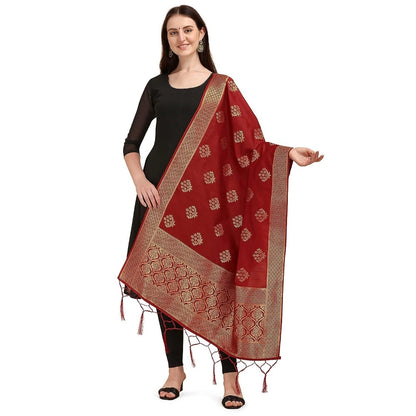 Generic Women's Silk Pure Zari weaving Duppatta (Maroon, Length: 2-2.3 Mtrs)