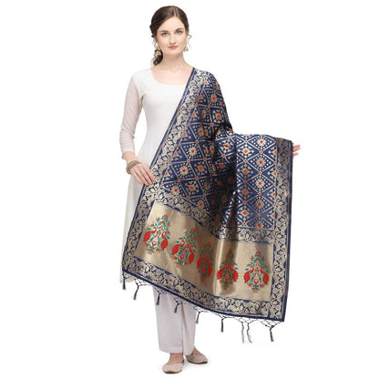 Generic Women's Silk Pure Zari weaving Duppatta (Navy Blue, Length: 2-2.3 Mtrs)