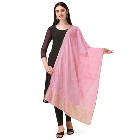 Generic Women's Silk Pure Zari weaving Duppatta (Light Pink, Length: 2-2.3 Mtrs)