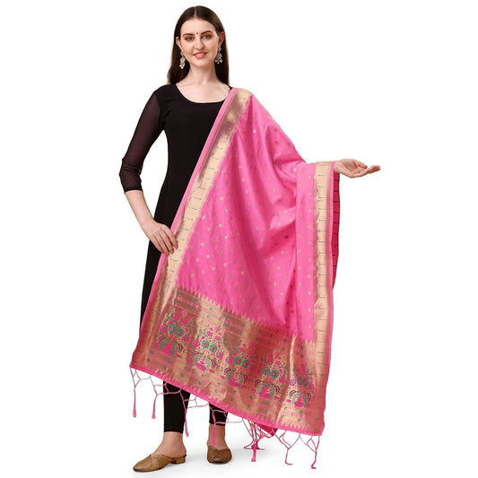 Generic Women's Silk Pure Zari weaving Duppatta (Light Pink, Length: 2-2.3 Mtrs)