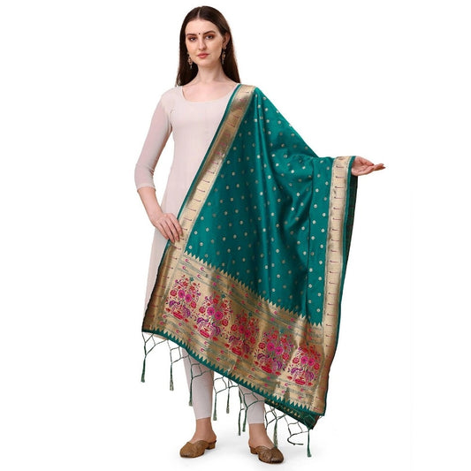 Generic Women's Silk Pure Zari weaving Duppatta (Rama, Length: 2-2.3 Mtrs)