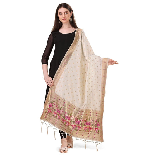 Generic Women's Silk Pure Zari weaving Duppatta (White, Length: 2-2.3 Mtrs)