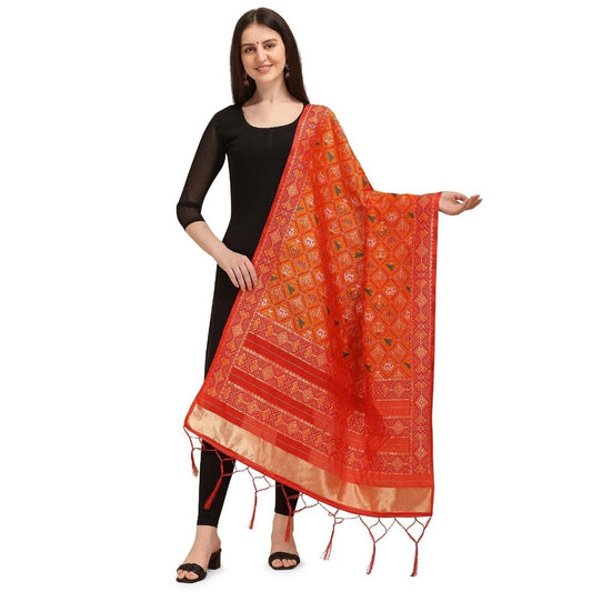 Generic Women's Silk Pure Zari weaving Duppatta (Orange, Length: 2-2.3 Mtrs)