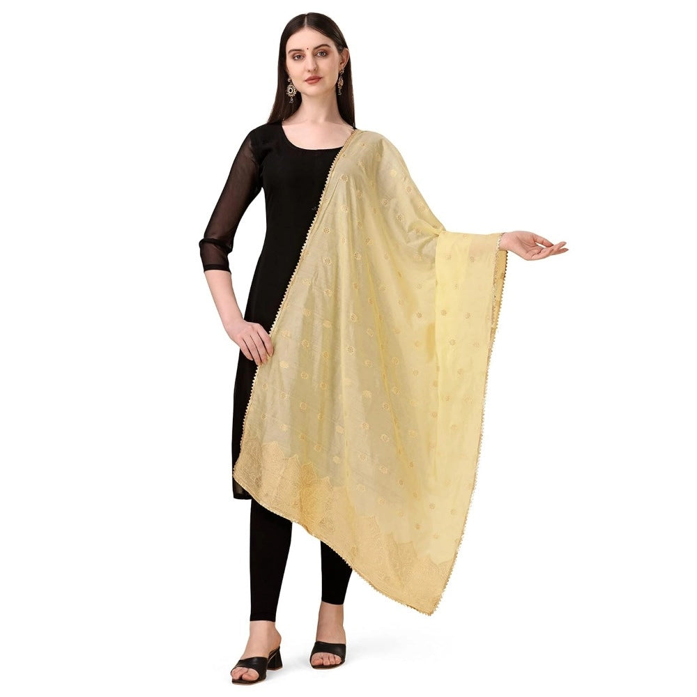 Generic Women's Silk Pure Zari weaving Duppatta (Beige, Length: 2-2.3 Mtrs)