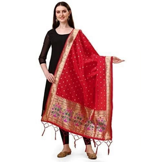 Generic Women's Silk Pure Zari weaving Duppatta (Red, Length: 2-2.3 Mtrs)