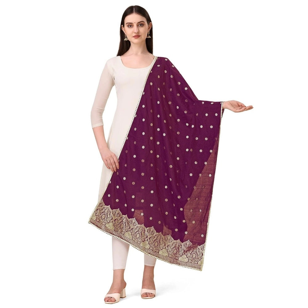 Generic Women's Silk Pure Zari weaving Duppatta (Purple, Length: 2-2.3 Mtrs)