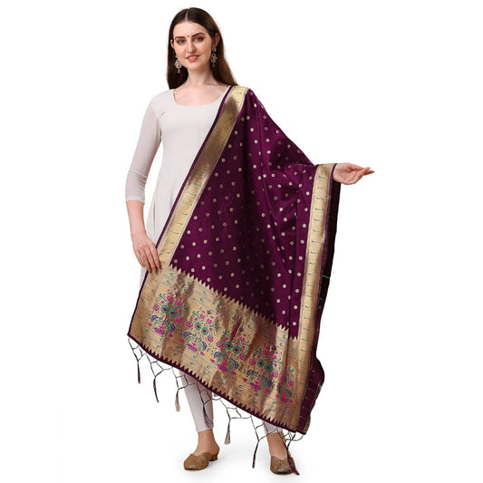 Generic Women's Silk Pure Zari weaving Duppatta (Purple, Length: 2-2.3 Mtrs)