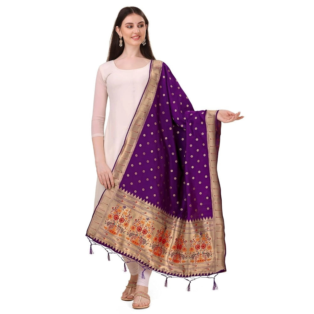 Generic Women's Silk Pure Zari weaving Duppatta (Purple, Length: 2-2.3 Mtrs)