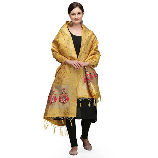 Generic Women's Silk Pure Zari weaving Duppatta (Mustard Yellow, Length: 2-2.3 Mtrs)