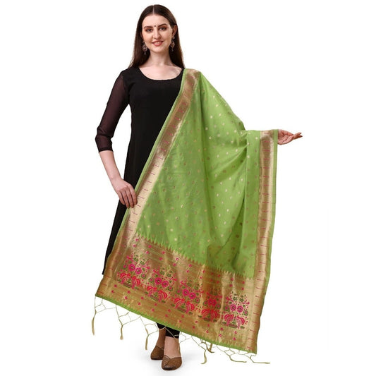 Generic Women's Silk Pure Zari weaving Duppatta (Light Green, Length: 2-2.3 Mtrs)