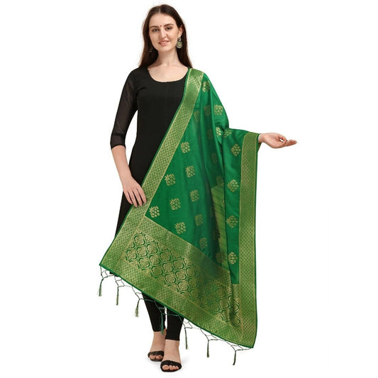 Generic Women's Silk Pure Zari weaving Duppatta (Green, Length: 2-2.3 Mtrs)