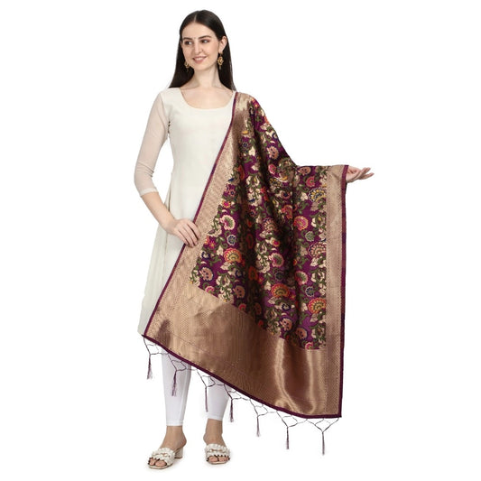 Generic Women's Silk Pure Zari weaving Duppatta (Brown, Length: 2-2.3 Mtrs)