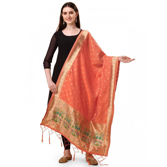 Generic Women's Silk Pure Zari weaving Duppatta (Orange, Length: 2-2.3 Mtrs)