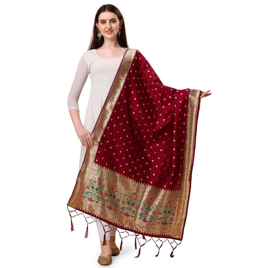 Generic Women's Silk Pure Zari weaving Duppatta (Maroon, Length: 2-2.3 Mtrs)