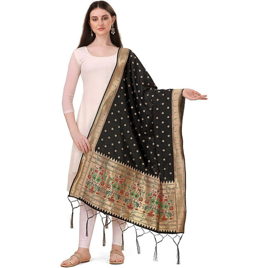 Generic Women's Silk Pure Zari weaving Duppatta (Black, Length: 2-2.3 Mtrs)