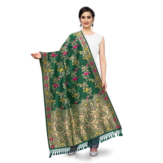 Generic Women's Silk Pure Zari weaving Duppatta (Green, Length: 2-2.3 Mtrs)