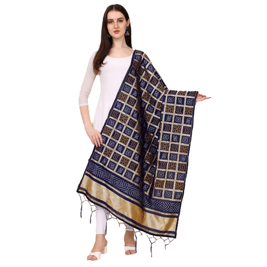 Women's Silk Pure weaving Work Duppatta (Navy Blue, Length: 2-2.3 Mtrs)