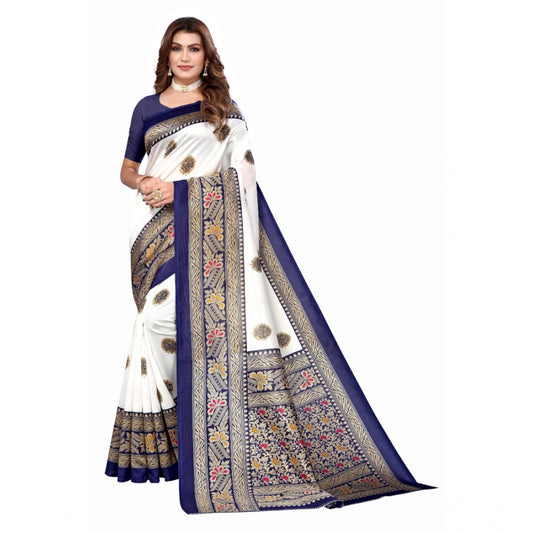 Women's Art Silk Printed Saree With Unstitched Blouse (Navy Blue, 5-6 Mtrs)