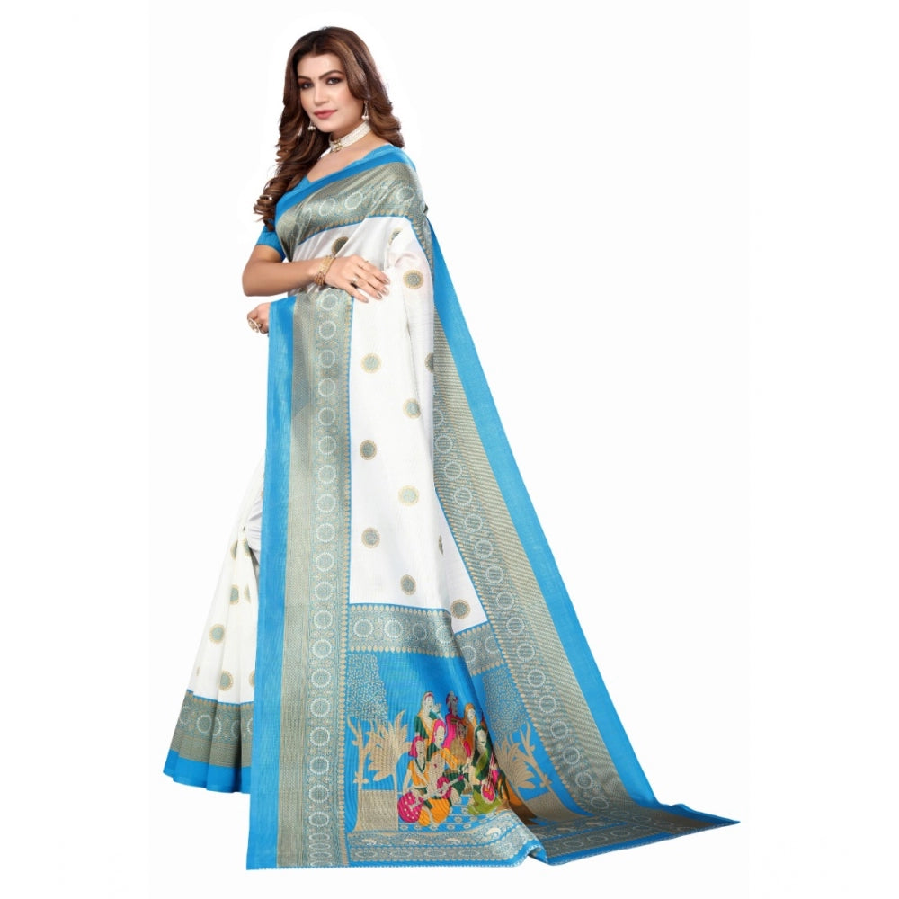 Women's Art Silk Printed Saree With Unstitched Blouse (Blue, 5-6 Mtrs)