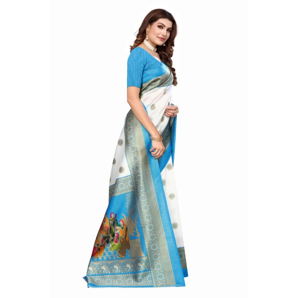 Women's Art Silk Printed Saree With Unstitched Blouse (Blue, 5-6 Mtrs)