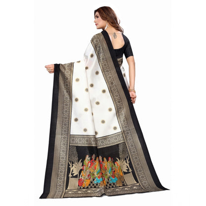 Women's Art Silk Printed Saree With Unstitched Blouse (Black, 5-6 Mtrs)