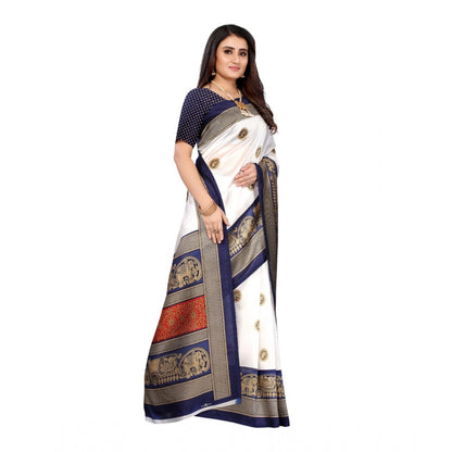 Women's Art Silk Printed Saree With Unstitched Blouse (Navy Blue, 5-6 Mtrs)