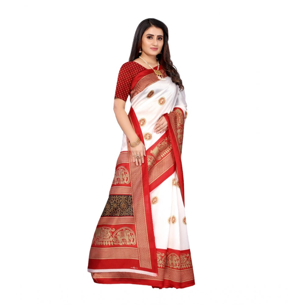 Women's Art Silk Printed Saree With Unstitched Blouse (Red, 5-6 Mtrs)