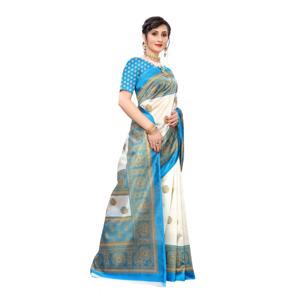 Women's Art Silk Printed Saree With Unstitched Blouse (Blue, 5-6 Mtrs)